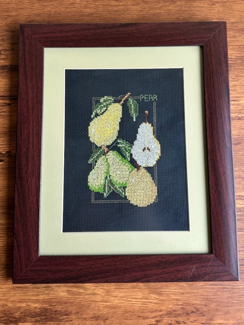 Vintage Cross Stitched Pear Framed Wall Art Picture For Kitchen Decor 10" x 12"